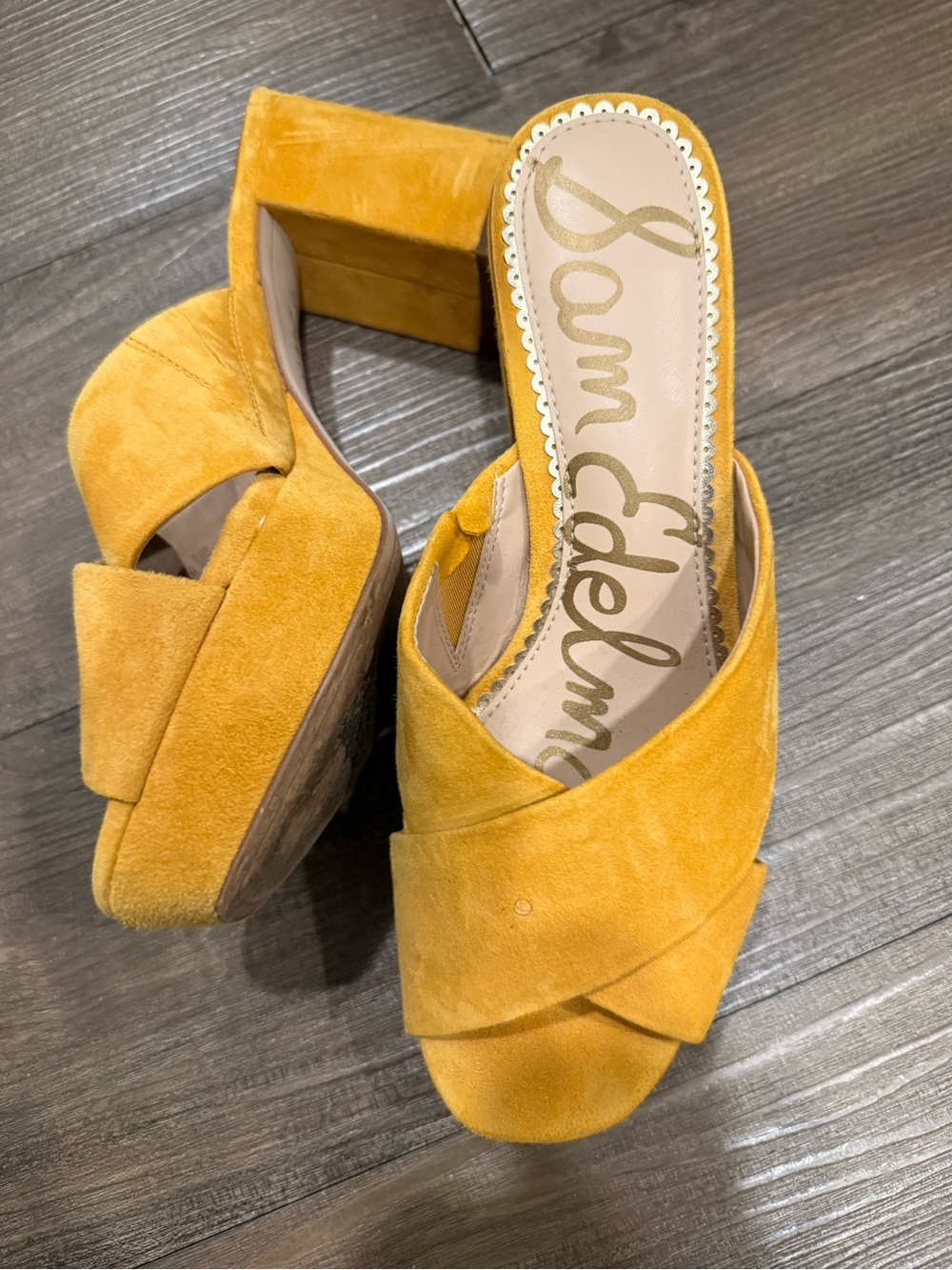 Suede sunflower yellow platform fairly comfy heels.